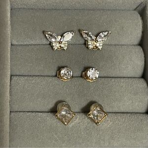 Gold Plated 925 Sterling Silver CZ Butterfly Studs Earring Set
